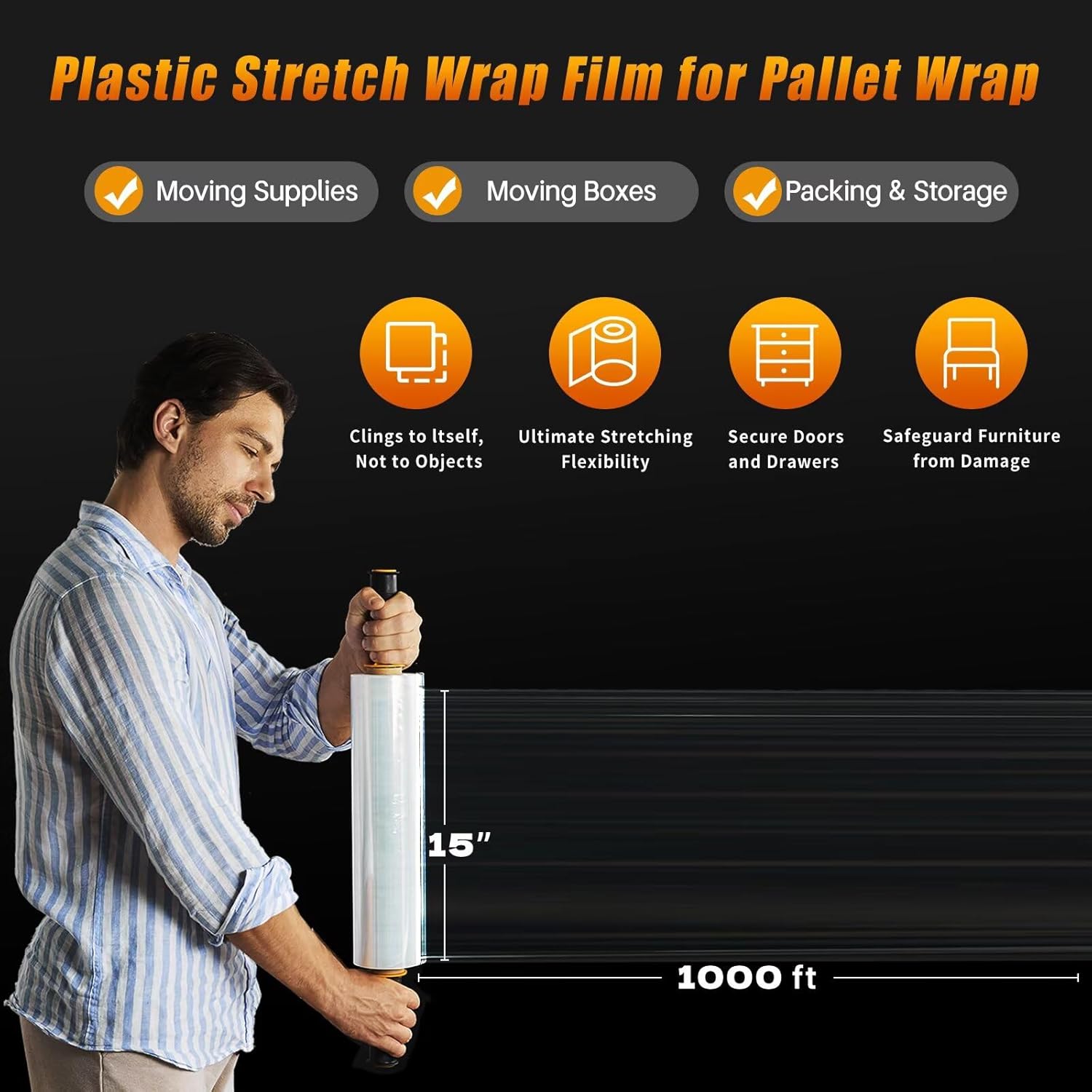 Stretch Film Shrink Wrap - Industrial Strength Plastic Wrap for Moving Supplies | 15 Inch, 1000ft, 2 Pack