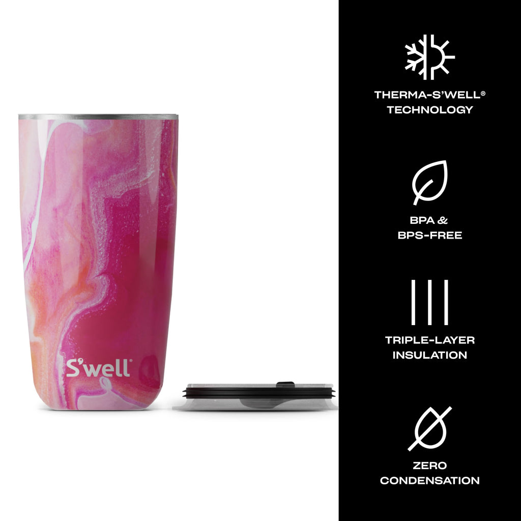 S'well Stainless Steel Tumbler with Slide-Open Lid, 18oz, Rose Agate, Triple Layered Vacuum Insulated Containers Keeps Drinks Cold for 12 Hours and Hot for 4, BPA Free