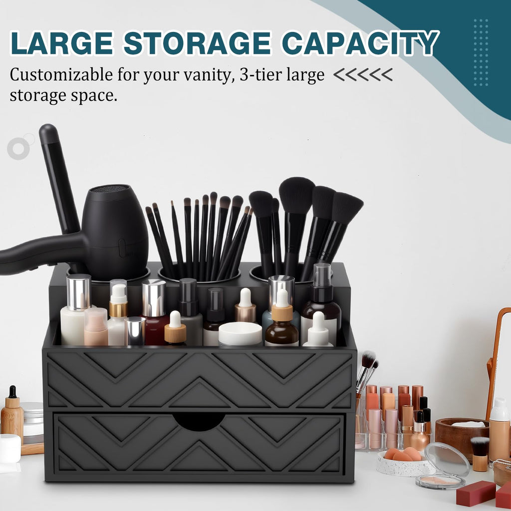 AceOrbit Hair Tool Organizer with Drawer, Hair and Makeup Bathroom Vanity Organizers and Storage Fits Blow Dryer, Curling Iron, Makeup Brushes, Skincare, Hot Tools Organizer for Tidy Counter(Black)