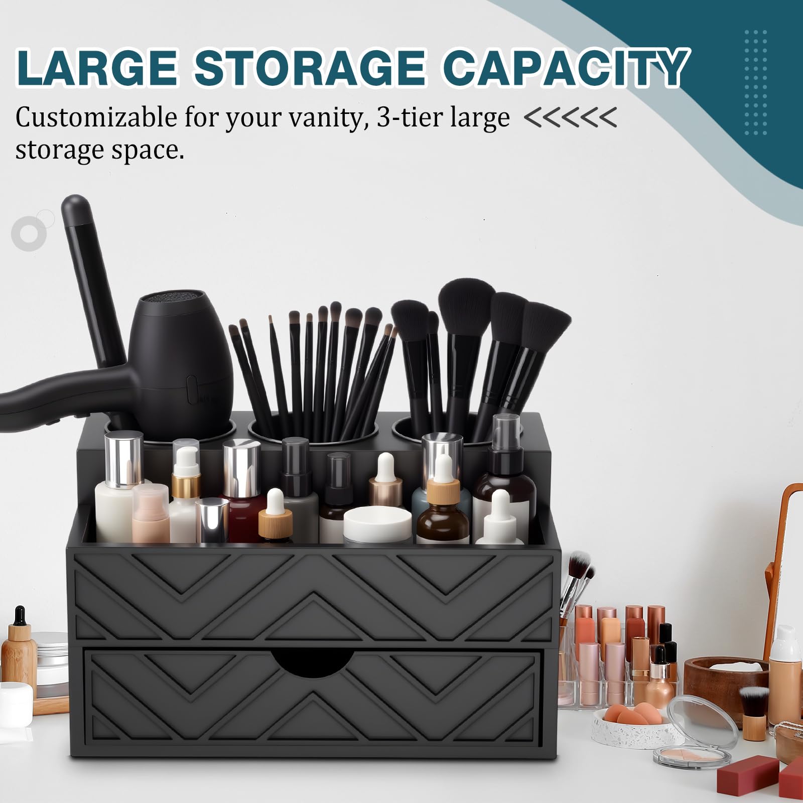 AceOrbit Hair Tool Organizer with Drawer, Hair and Makeup Bathroom Vanity Organizers and Storage Fits Blow Dryer, Curling Iron, Makeup Brushes, Skincare, Hot Tools Organizer for Tidy Counter(Black)
