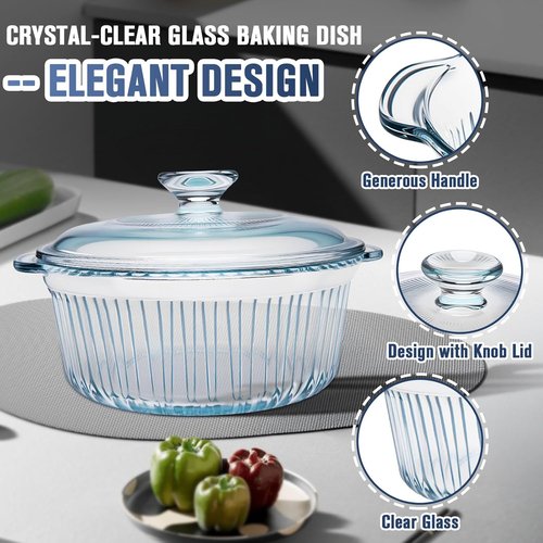 Glass Baking Dishes - 2 Pack Round Casserole Dishes with Lids | Oven Safe, Clear Glass, 1.7Qt & 2.5Qt