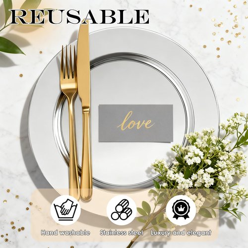 Dyrfolm 12 Pcs Silver Charger Plates, 13 Inch Stainless Steel Charger Plates, Metal Round Dinner Chargers for Dinner Plate, Wedding, Party, Event Decoration