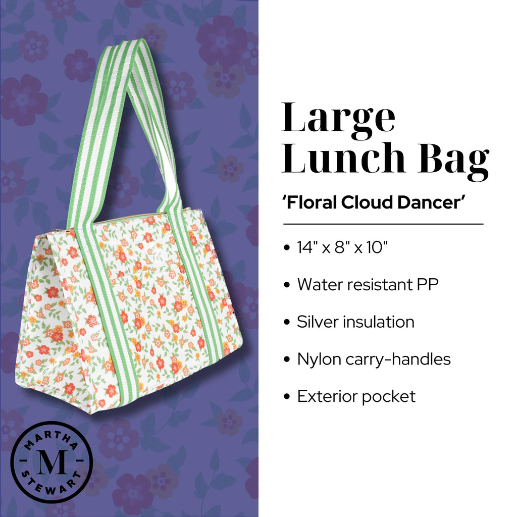 Martha Stewart Large Lunch Bag, Insulated Lunch Box for Women, Small, Water-Resistant with Comfortable Carry Straps, Small Cooler Measures 14" x 8" x 10", Floral Cloud Dancer