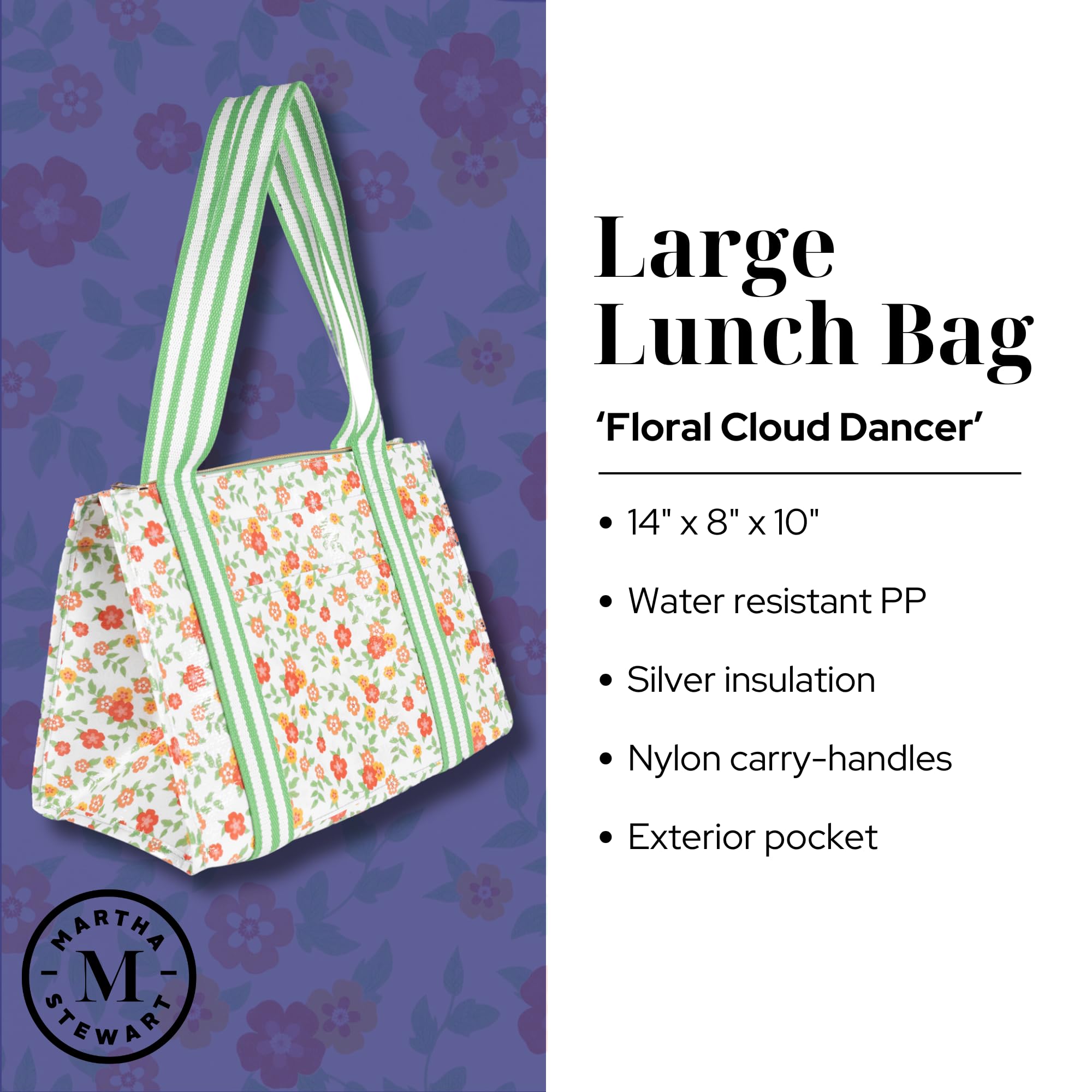 Martha Stewart Large Lunch Bag, Insulated Lunch Box for Women, Small, Water-Resistant with Comfortable Carry Straps, Small Cooler Measures 14" x 8" x 10", Floral Cloud Dancer