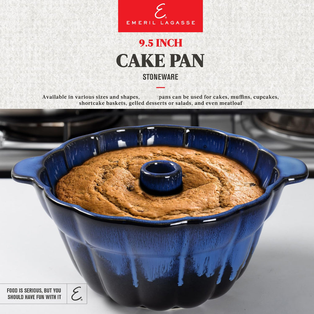 Emeril Lagasse Fluted Cake Pan Stoneware 9.5 in – Pound Cake Baking Pan, Perfect for Baking Delicious Cakes! (Dark Blue)