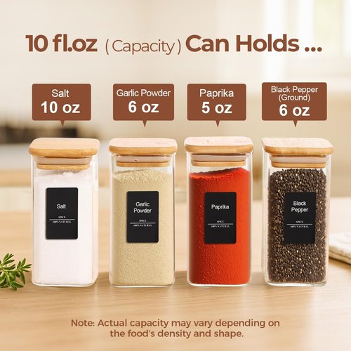ComSaf 10 oz Large Glass Spice Jars - 6-Piece Set with Bamboo Lids & Labels | Ideal Kitchen Starter