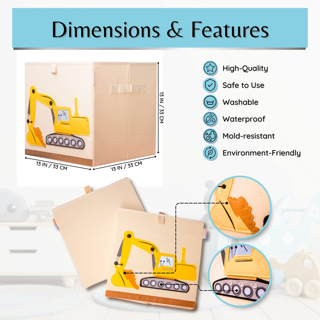 Product 4 Kids - Washable Toy Organizers and Storage, Canvas Toy Chest Organizer Foldable Kids Toy Storage Organizers for Child's Bedroom or Playroom -13x13x13 Inch (Excavator)