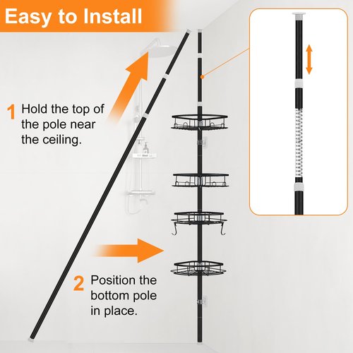 DUFU Corner Shower Caddy Tension Pole, Shower Tension Rod Organizer, 4-Tier Adjustable Floor to Ceiling Shower Caddy 33-127inch, No Drilling Shower Shelf for Inside (Black)