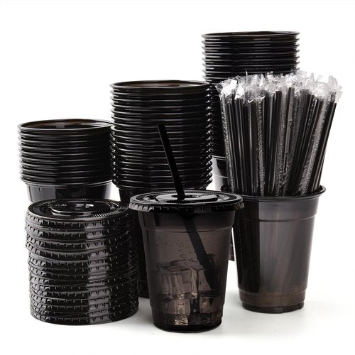 Yicentdp 100 Set Black Plastic Cups with Lids and Straws 12 oz Disposable Drinking Clear Cups for Wedding Black Birthday Party Supplies