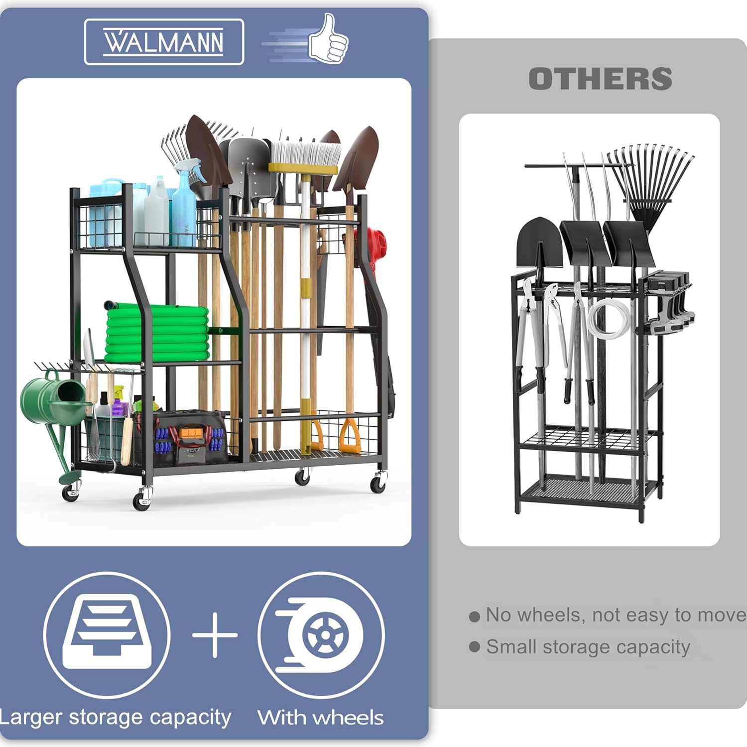 WALMANN Garden Tool Organizer - Rolling Cart with Large Storage for Rakes, Shovels & Yard Tools