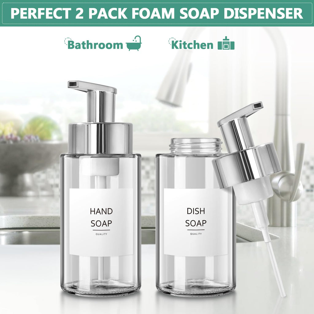 RYTOXILO Glass Soap Dispenser, 10 oz/300ml Foaming Soap Dispenser, 2 Pack Foaming Hand Dispenser for Bathroom & Kitchen, Clear Refillable Foam Soap Bottle with Silver Pump