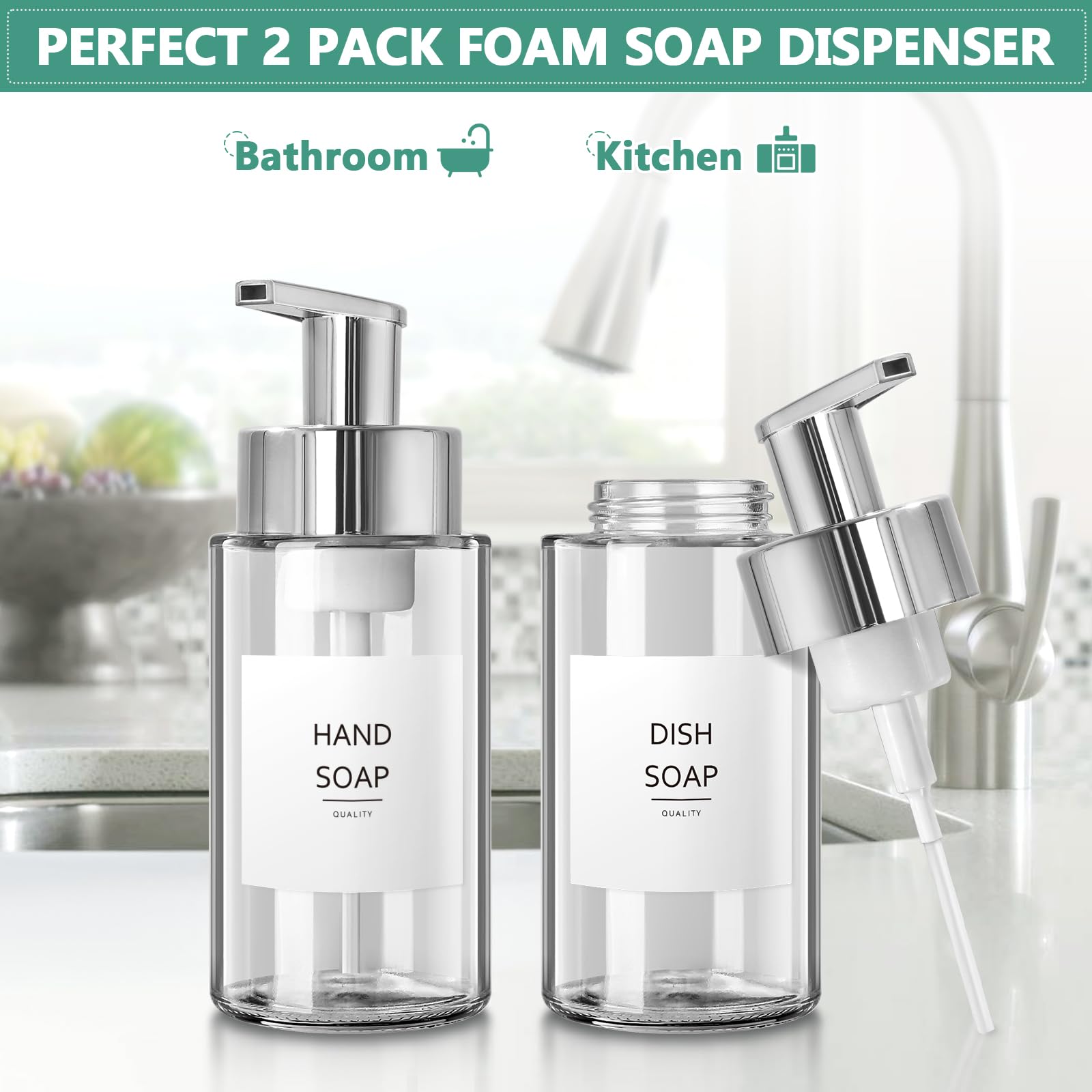 RYTOXILO Glass Soap Dispenser, 10 oz/300ml Foaming Soap Dispenser, 2 Pack Foaming Hand Dispenser for Bathroom & Kitchen, Clear Refillable Foam Soap Bottle with Silver Pump