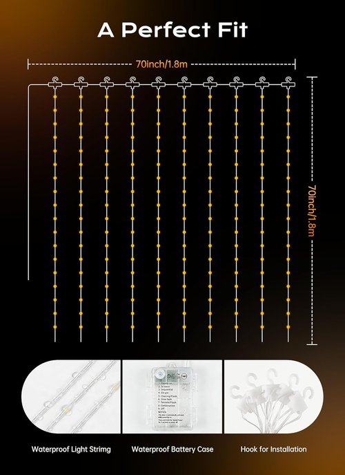 Brightown 180 LED Shower Curtain Fairy Lights - 70 Inch Warm White Waterproof String Light | 8 Modes for Indoor/Outdoor Decor