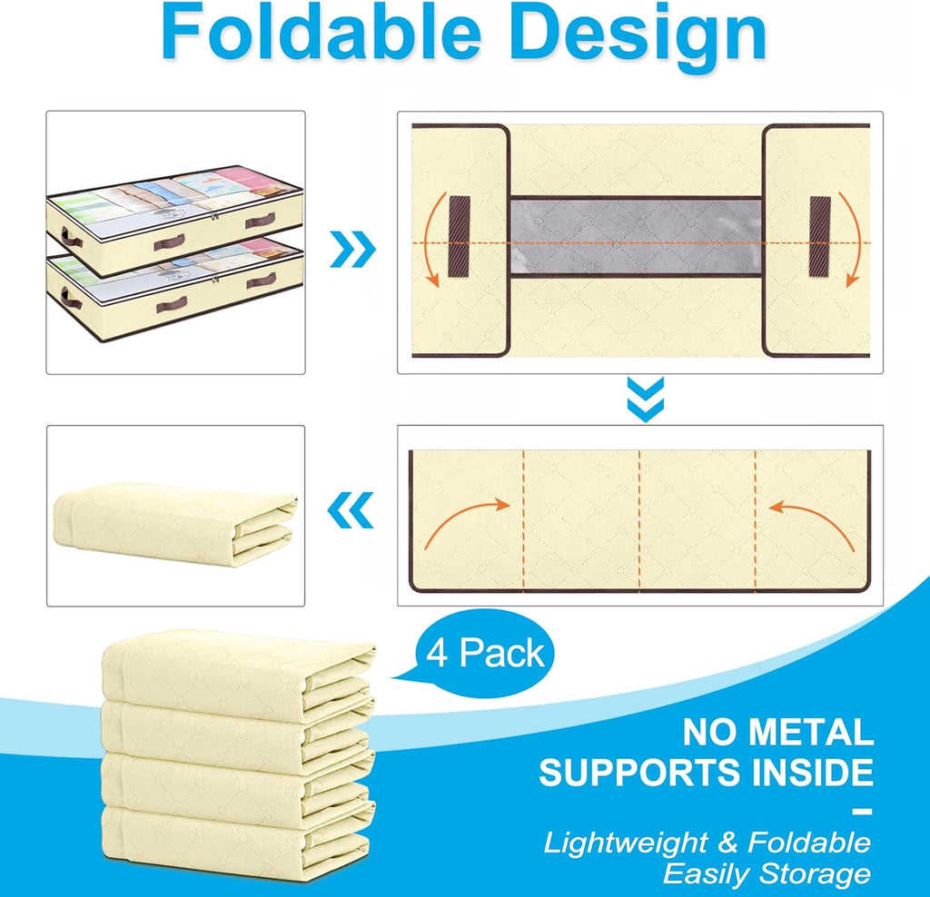 Skiennix 90L Under Bed Storage Containers - Foldable Organizers for Blankets & Towels | 4 Pack Beige