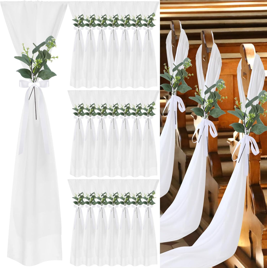 VitalCozy Wedding Aisle Chair Decorations - 24 Set Chiffon Sashes with Ribbon Bows & Eucalyptus Florals