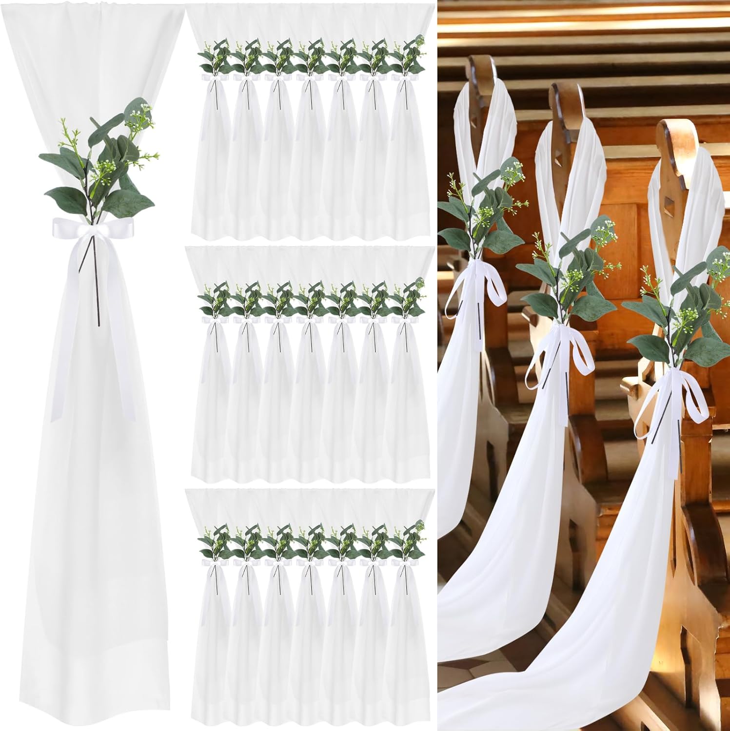 VitalCozy Wedding Aisle Chair Decorations - 24 Set Chiffon Sashes with Ribbon Bows & Eucalyptus Florals