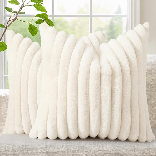 decorUhome Faux Fur Throw Pillow Covers - Set of 2 Soft Plush 18x18 Decorative Cases | Cream White