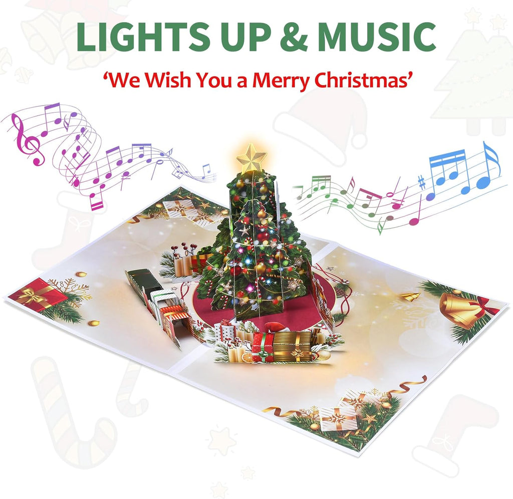 Venhoo Christmas Pop-Up Cards - 3D Musical Greeting Card with Light & Envelopes | Christmas Tree Design