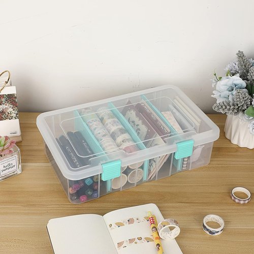 BTSKY Clear Plastic Storage Box - Adjustable 4-Compartment Organizer with Lid | 13.3x8.1x3.4 Inches