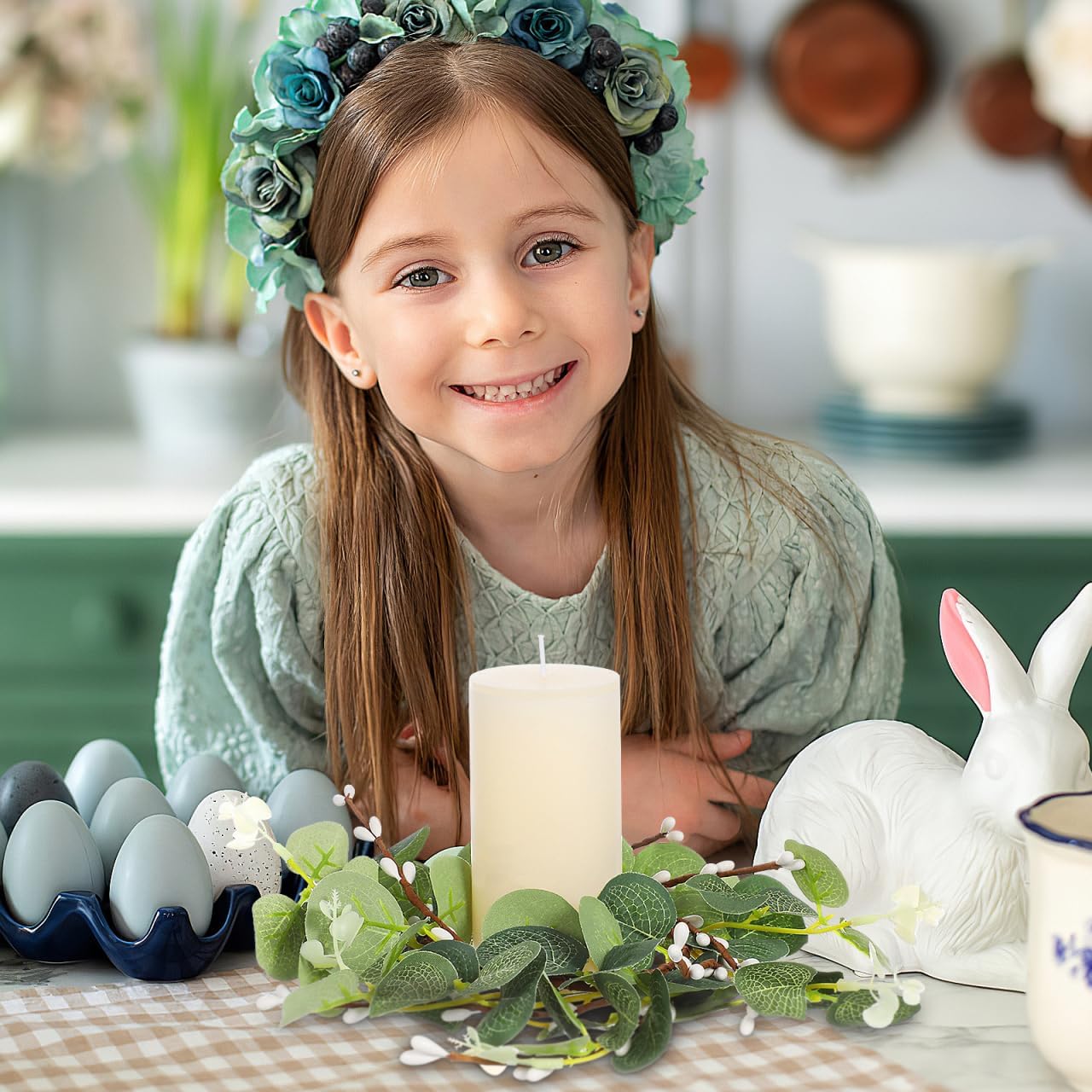 Zerodeko Easter Candle Ring Set - Eucalyptus Leaves Wreath Pillar Holders | Mini Green Decor, 8cm