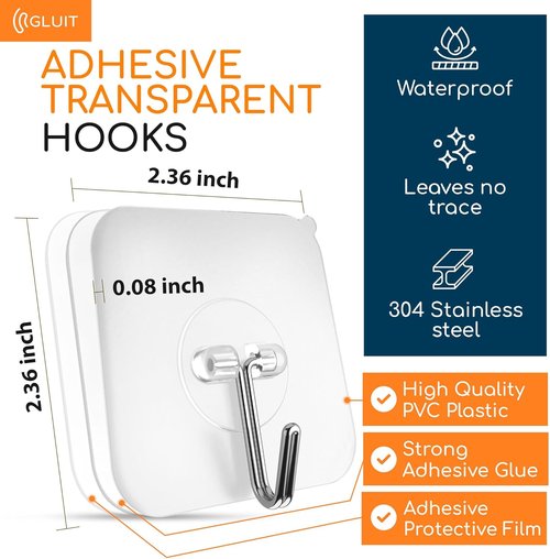 Gluitt Heavy Duty Adhesive Wall Hooks - No Drill, Waterproof, Clear 12 Pack for Home & Office