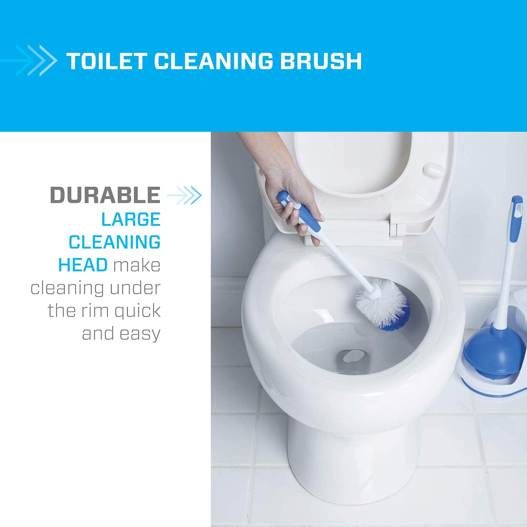 Mr. Clean Toilet Plunger and Bowl Brush Combo with Caddy, 3-Piece Heavy-Duty Plunger, Toilet Brush, and Caddy Set, White/Blue