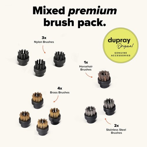 Dupray Small Brushes - Versatile Brass, Horsehair, Nylon & Stainless Steel Cleaning Accessories | Ideal for Grout, Tile, Oven, Car, BBQ, Kitchen & Bathroom (10 Assorted Brushes)