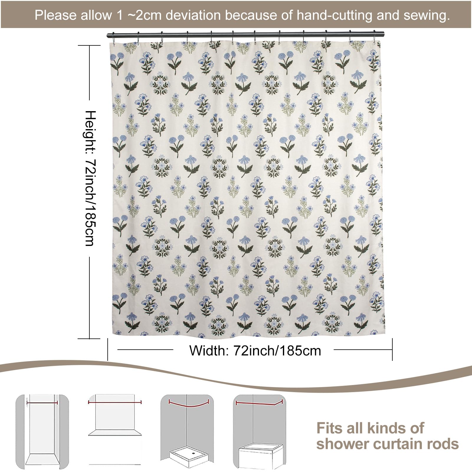 Abstract Vintage Floral Linen Shower Curtain - Neutral Traditional Floral Block Print Pattern in Blue and Green,Botanical Boho Shower Curtain Set for Rustic Farmhouse Frenchy Bathroom Decor 72x72 Inch