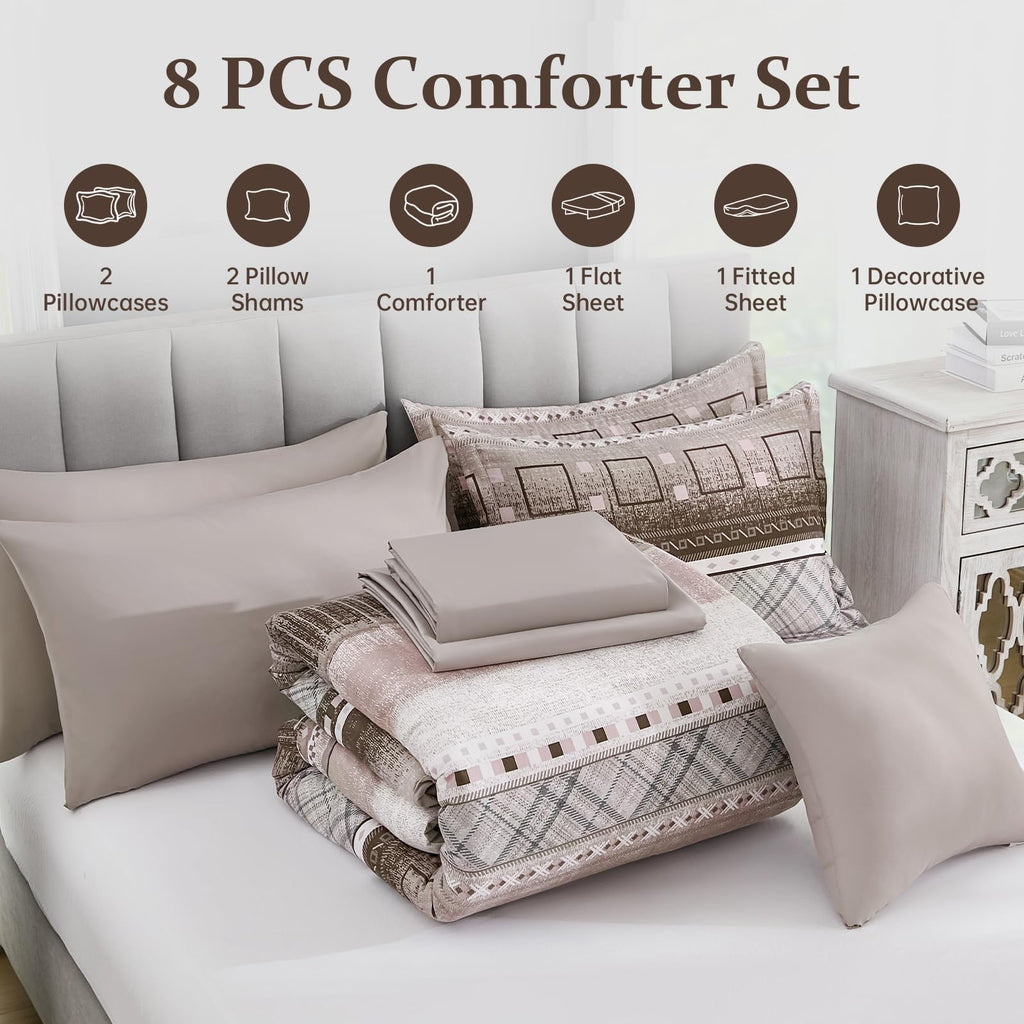WONGS BEDDING Queen Size Comforter Set 8 Piece, Texture Striped Bed in a Bag Brown Comforter and Sheet Set, Boho Lightweight Microfiber Bedding Set for All Season (90"×90")