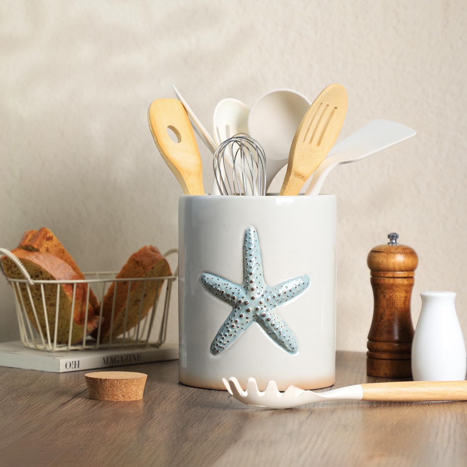 Bicuzat Ceramic Starfish Embossed Utensil Holder, Large Cooking Utensil Crocks for Countertop, Ocean Style Utensil Organizer for Spatula
