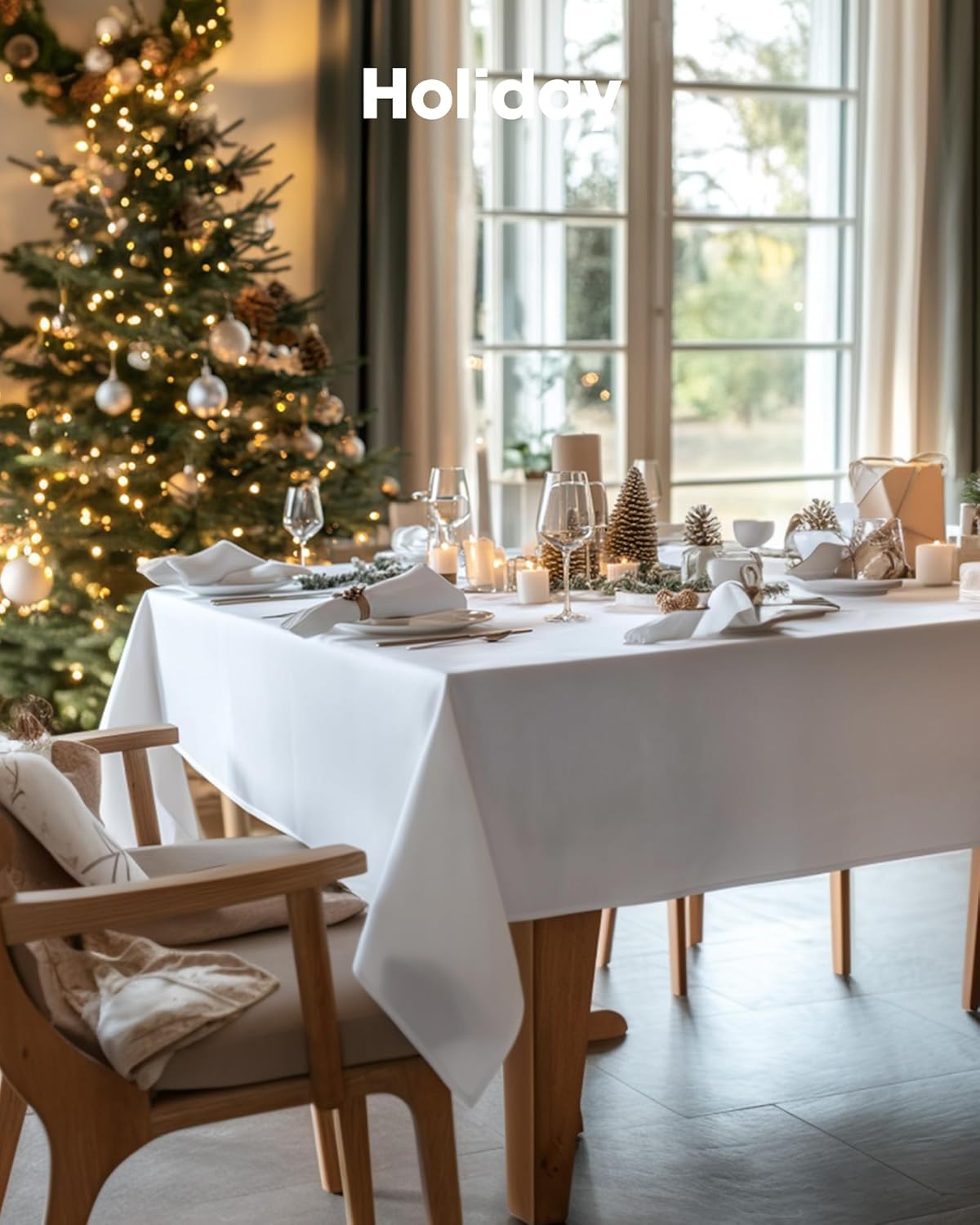 Pureegg Rectangle Tablecloth - Durable 60" x 84" Polyester for Outdoor Parties, Weddings & Picnics | Washable & Reusable, White