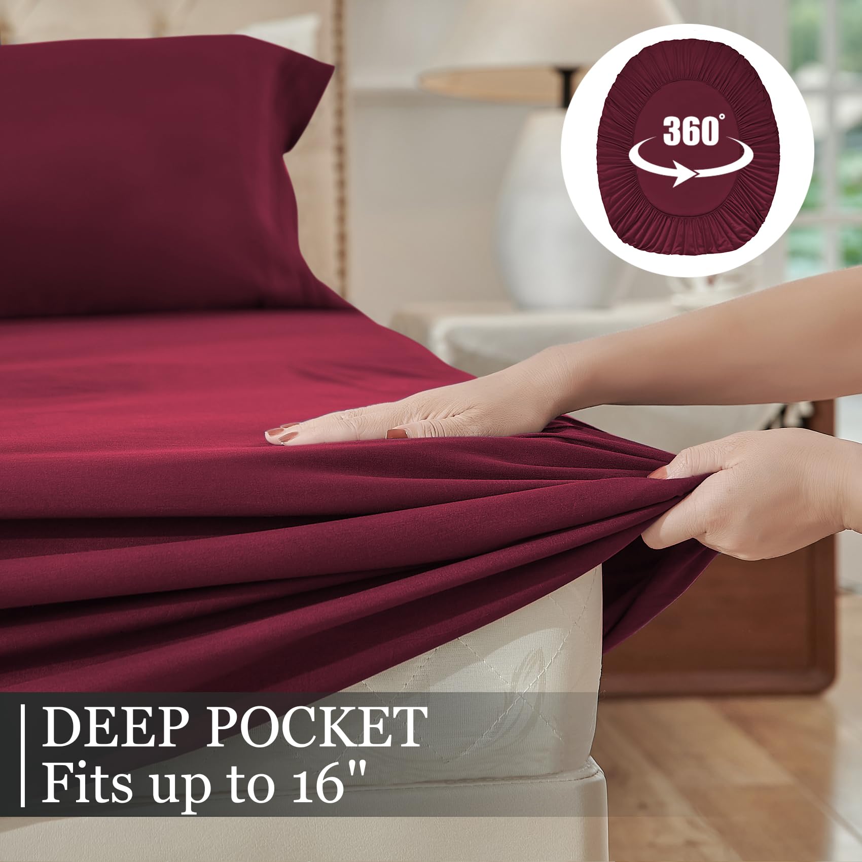 Yibeizi Queen Sheet Set Cooling Sheets Deep Pocket Queen Size Bed Sheets Set, Red Soft Microfiber Oeko-Tex Sheets & Pillowcases Hypoallergenic Wrinkle Free Bedsheets
