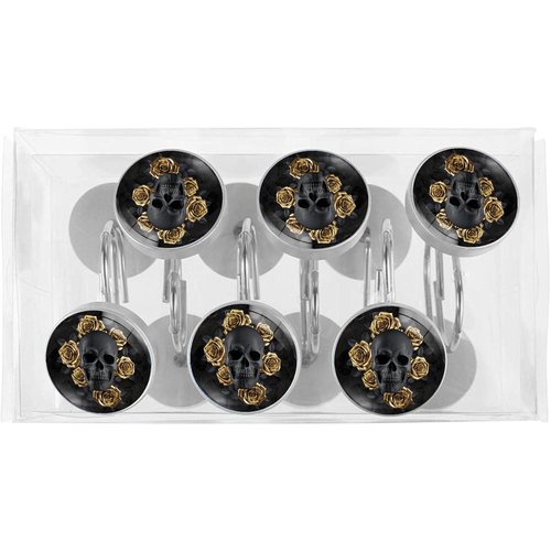 Black Skull with Gold Roses Shower Curtain Hooks Set of 12 Rustproof Metal Decorative Shower Hooks for Curtains Rods Shower Curtain Rings for Bathroom Living Room Bedroom