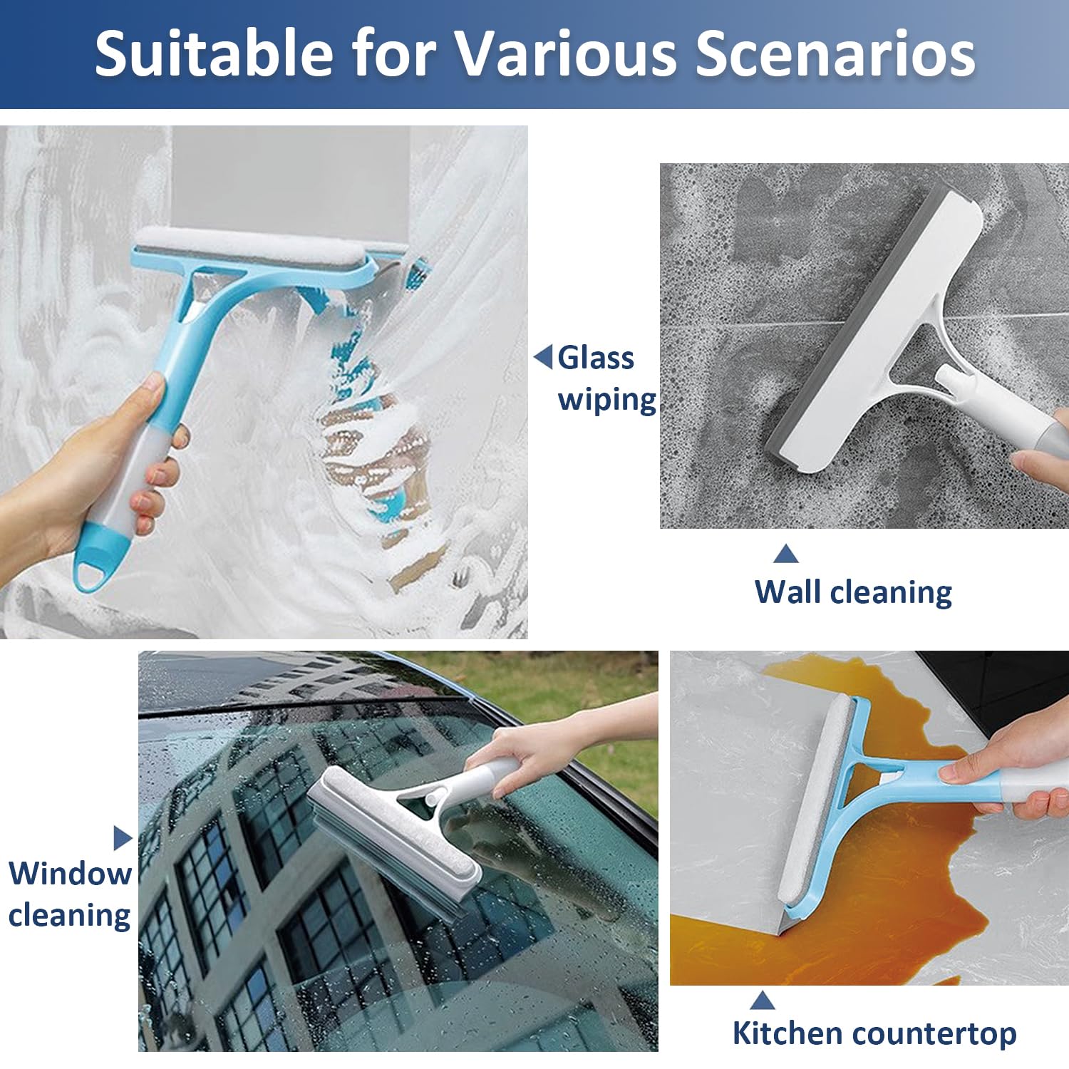 2 Pack All-Purpose Shower Squeegee for Shower Glass Door, Shower Glass Cleaner Squeegee with Spray, Washer, Wiper, 3 Functions in 1, Perfect Household Cleaner Tool