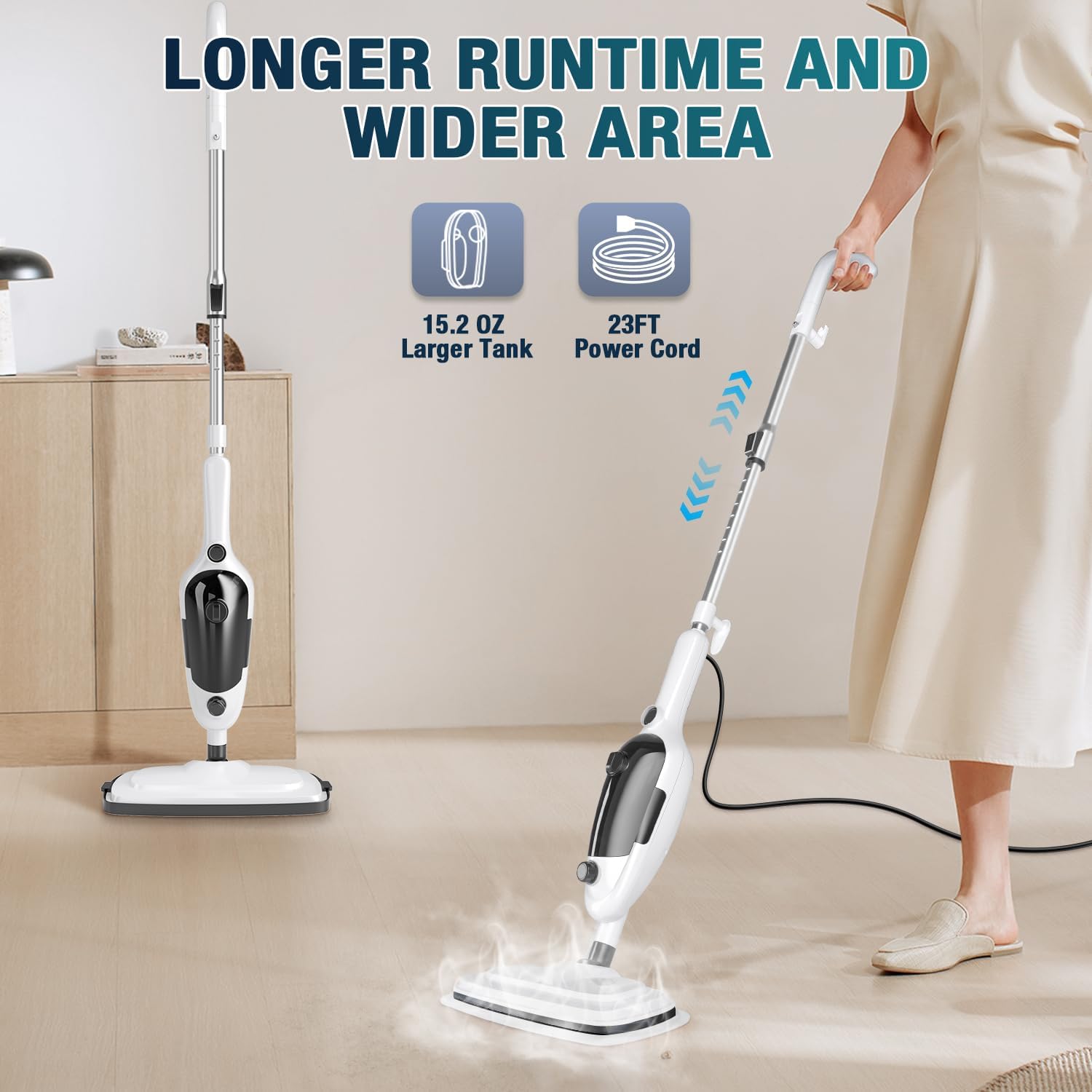 Skiennix Steam Mop - 11-in-1 Multi-Purpose Cleaner with 15.2 OZ Tank & 23FT Cord | Ideal for Hardwood, Tile & Furniture
