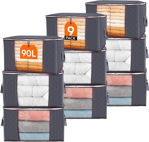 Lifewit 90L Clothes Storage Bins - 9 Pack Foldable Bags with Lids, Zippers & Clear Windows | Ideal for Organizing Clothing & Bedding