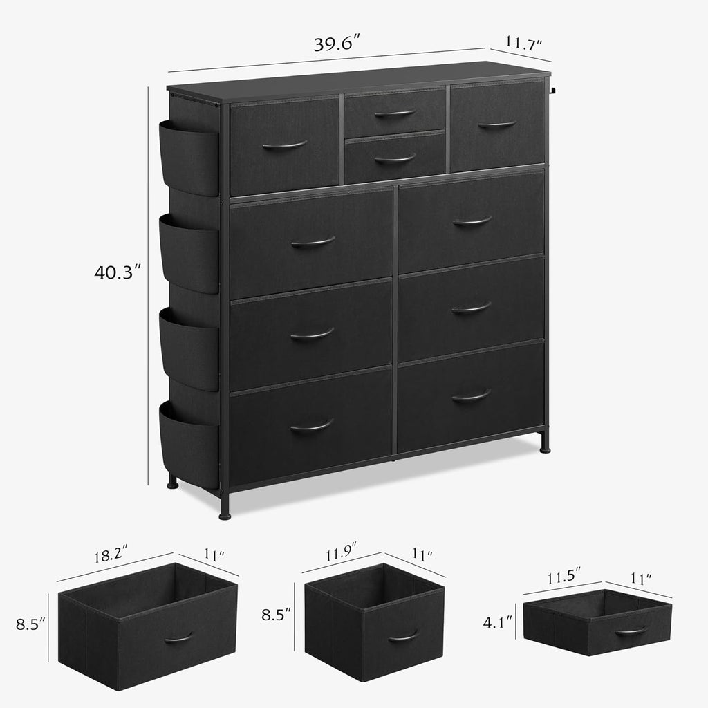 WLIVE Dresser - 10 Drawer Fabric Chest with Side Pockets & Hooks | Sturdy Metal Frame, Black