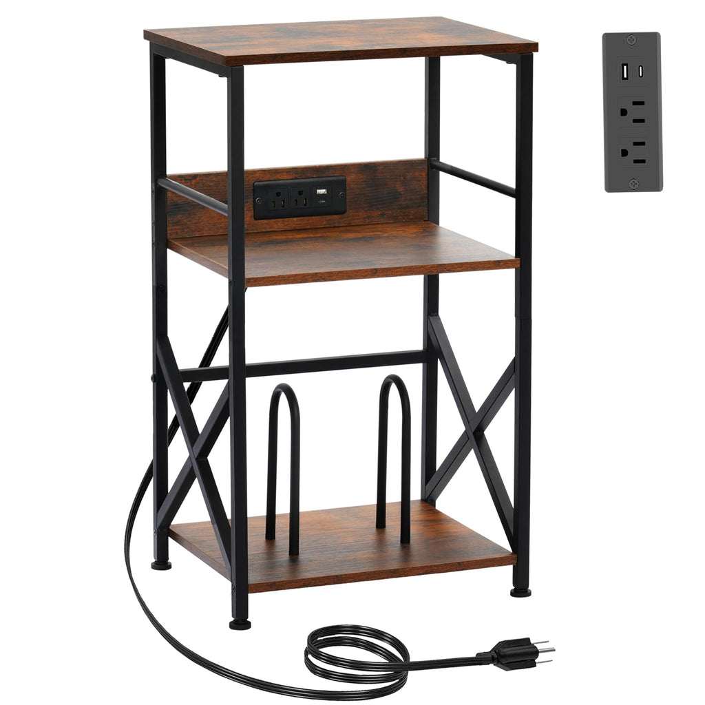 DALEMHOME Record Player Stand with Charging Station, 3-Tier Side Table for 100 Vinyl Storage, End Table for Living Room, Bedroom, Rustic Brown HKET1001BR