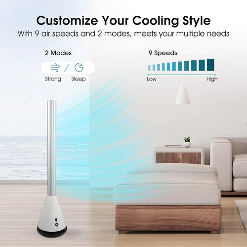 Bladeless Tower Fan - 80° Oscillating Air Circulator with Remote | 9 Speeds & 8H Timer for Home & Office