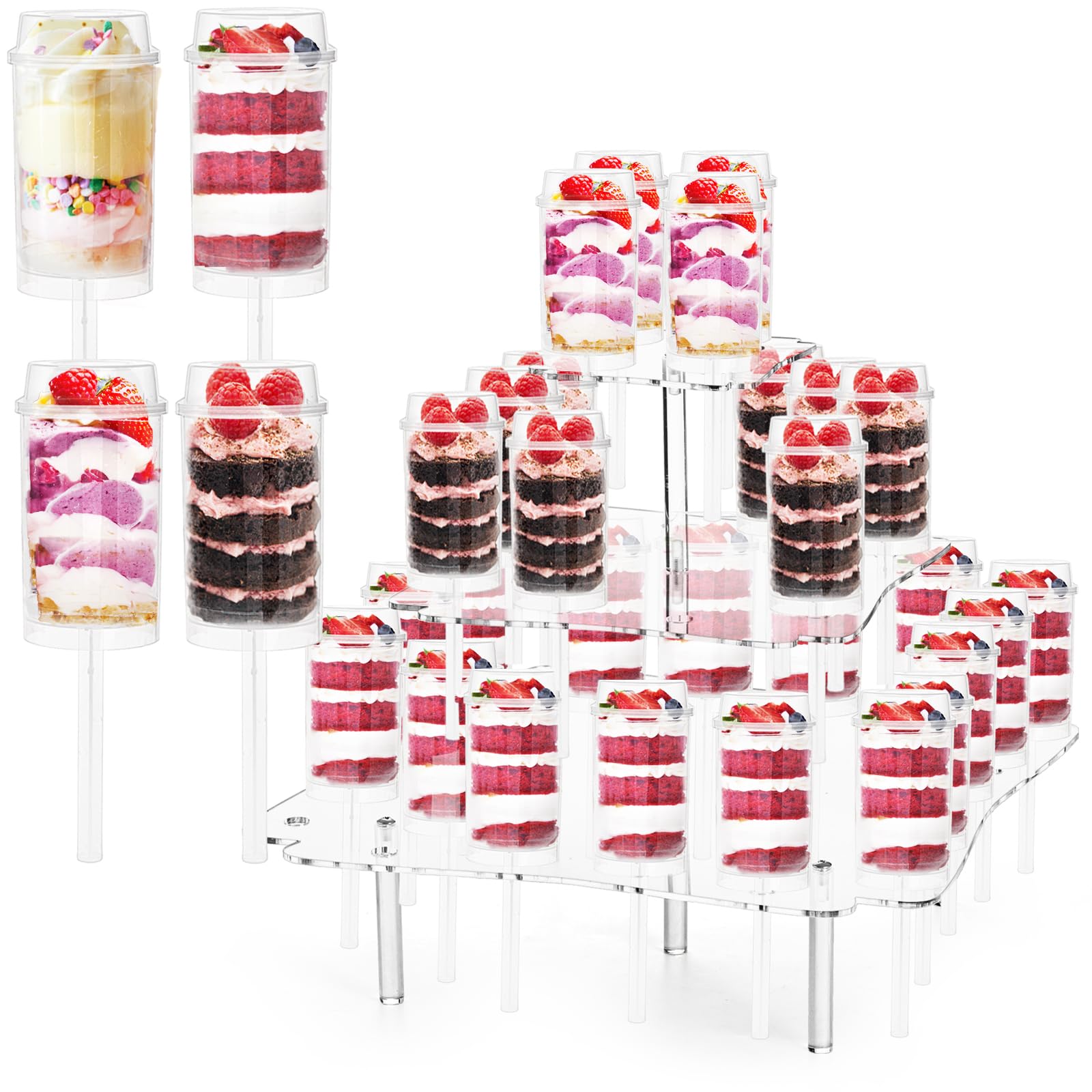 TOPZEA 32 Pack Push Cake Pop Containers & 32 Holes Acrylic Clear Cake Stand, Plastic Reusable Round Shaped Push Up Cakes Pop Shooters Cup with Lids & Treat Stand for Wedding Birthday Christmas Party