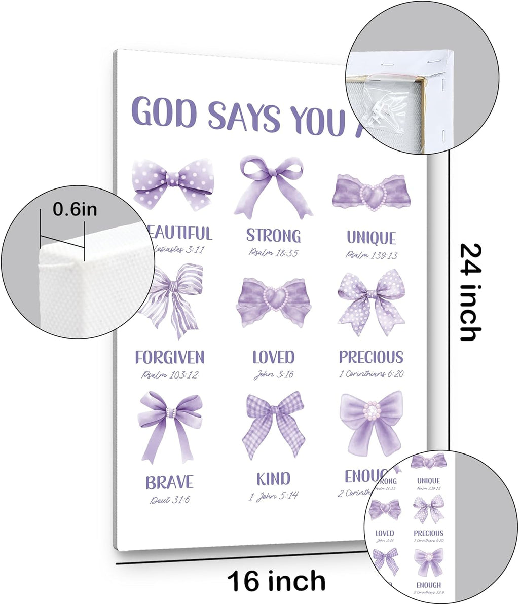 PHAMTE Christian Purple Bow Wall Art - Inspirational Bible Verse Canvas 16x24 for Girly Room Decor