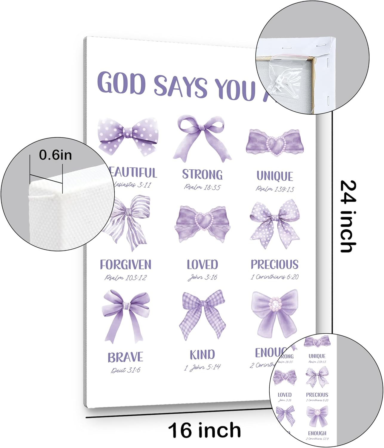 PHAMTE Christian Purple Bow Wall Art - Inspirational Bible Verse Canvas 16x24 for Girly Room Decor
