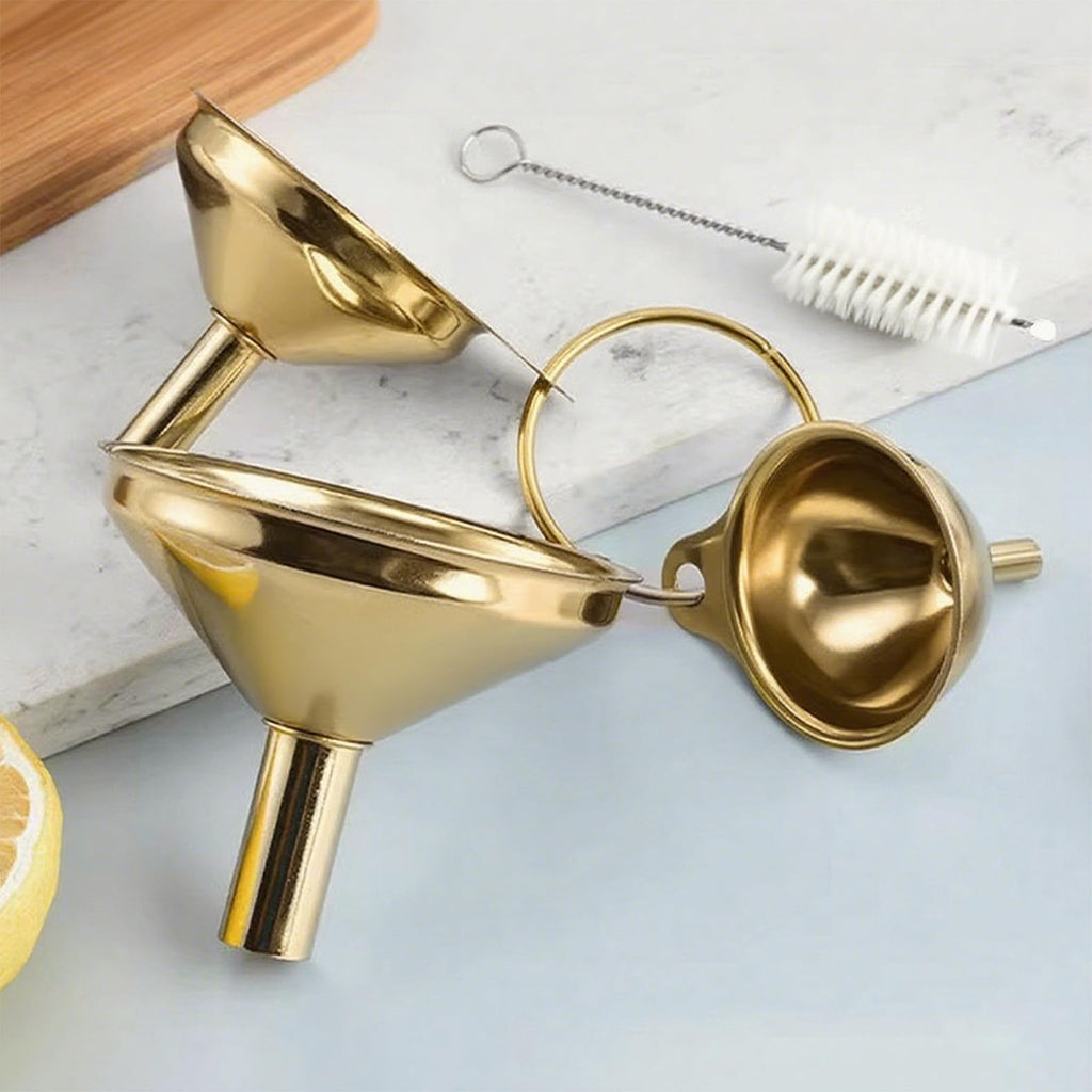OYWOBET Gold Stainless Steel Funnels for Kitchen Use, Large Tiny Small Funnel Set of 3 with 2Pcs Cleaning Brush Set for Filling Bottles Oil Liquor Water Spice (Gold)