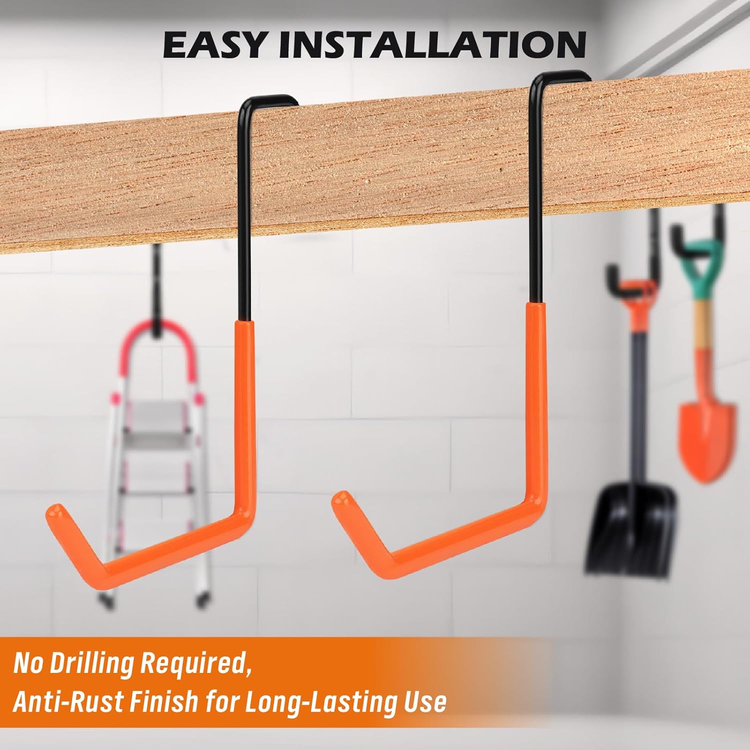 Skiennix Heavy Duty Rafter Hanger Hooks - 6-Piece Set with 2 Extension Straps | Vinyl Coated Metal Garage Organizer (Orange)