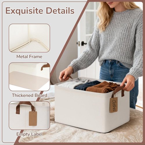 CHICVITA Large Storage Baskets - Collapsible Closet Organizer Bins with Metal Frame | 16.8" x 11" x 9.8", Beige