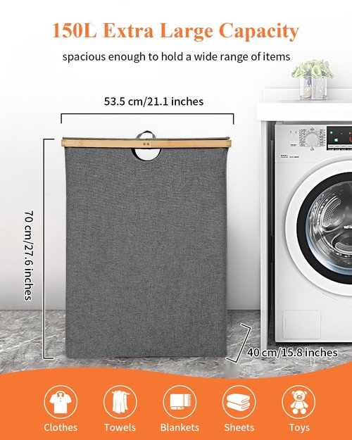 OTraki 3 Section Laundry Hamper with Lid, 150L Clothes Hampers for Laundry with Bamboo Handles and Removable Bag, Large Foldable Laundry Basket for Bedroom, Bathroom, Dorm, Laundry Room, Grey