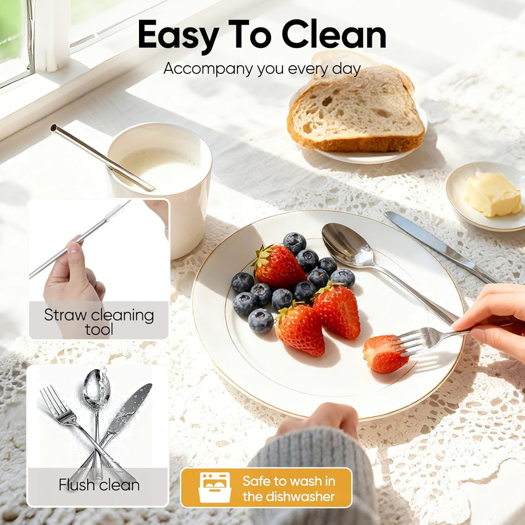 Skiennix Travel Camping Utensils Set - 6 Pcs Reusable Stainless Steel Cutlery with Case | Eco-Friendly Silverware for On-the-Go