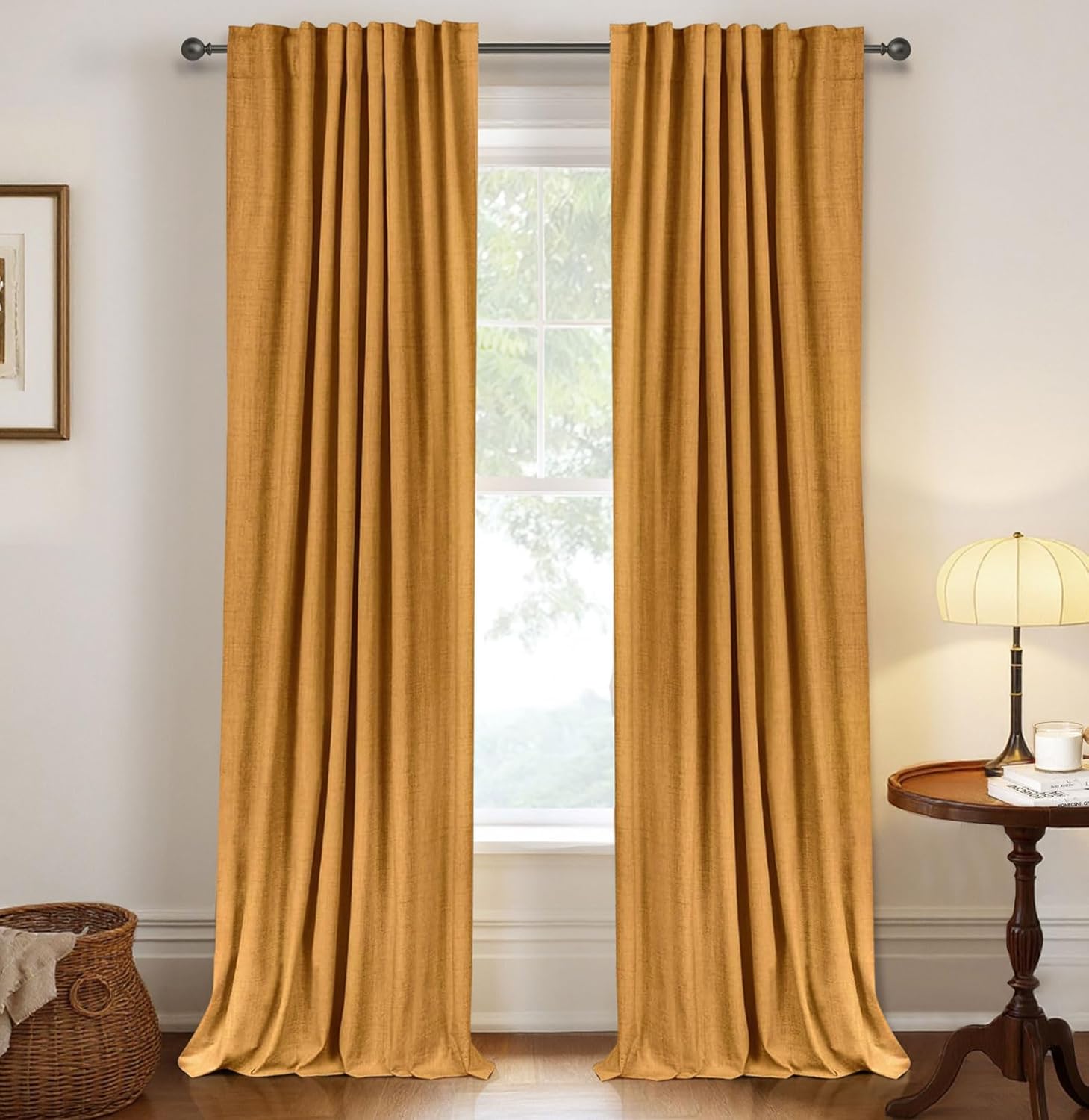 Skiennix 100% Blackout Linen Curtains - Thermal Insulated Drapes, 84" Long, Mustard Yellow, 2 Panels Set