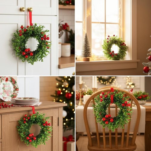 Daifunli Christmas Pillar Candle Rings - 8 Pcs 2-Inch Mini Artificial Boxwood Berry Wreaths for Holiday Decor