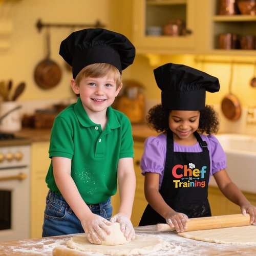 KAXAHHE Kids Chef Apron Hat Set - Adjustable Children's Cooking Apron with 2 Pockets, Black, for Boys Girls Age 3-8 (Chef in Training)